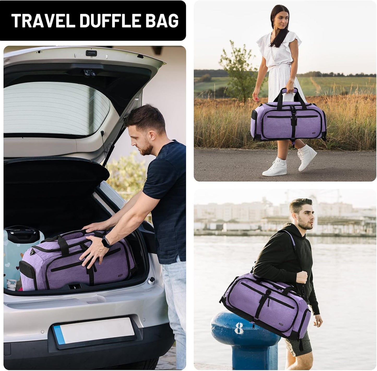 MIER Foldable Duffle Bag with Shoe Compartment 50L Travel Duffel Bags for Men Women Packable Overnight Bag for Camping Gym Weekender, Purple