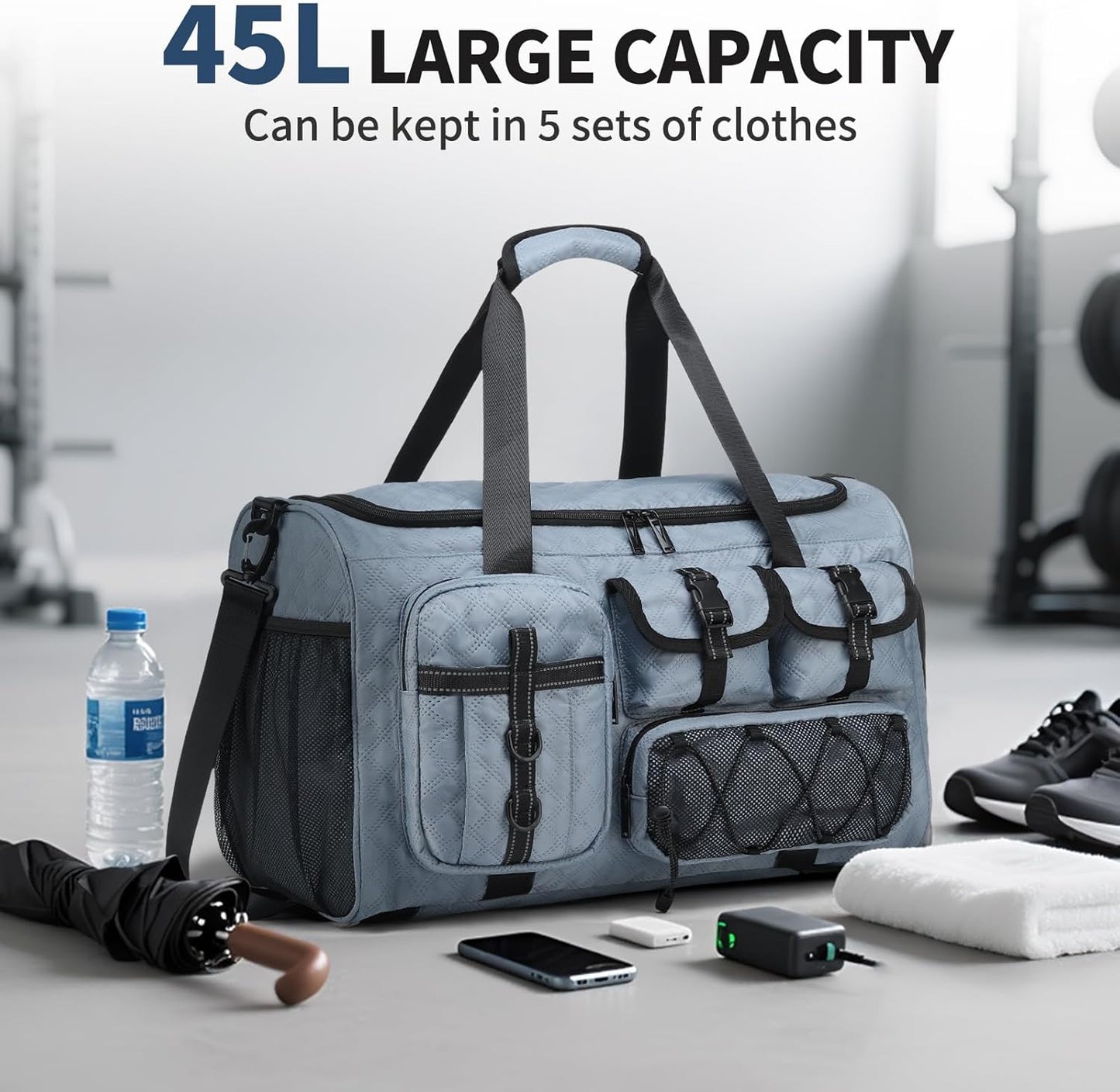 Gym Bag for Men Women, 40L Sport Duffel Bag, Anti-Theft Overnight Backpack W/Shoe Compartment for Fitness Travel, Light Blue