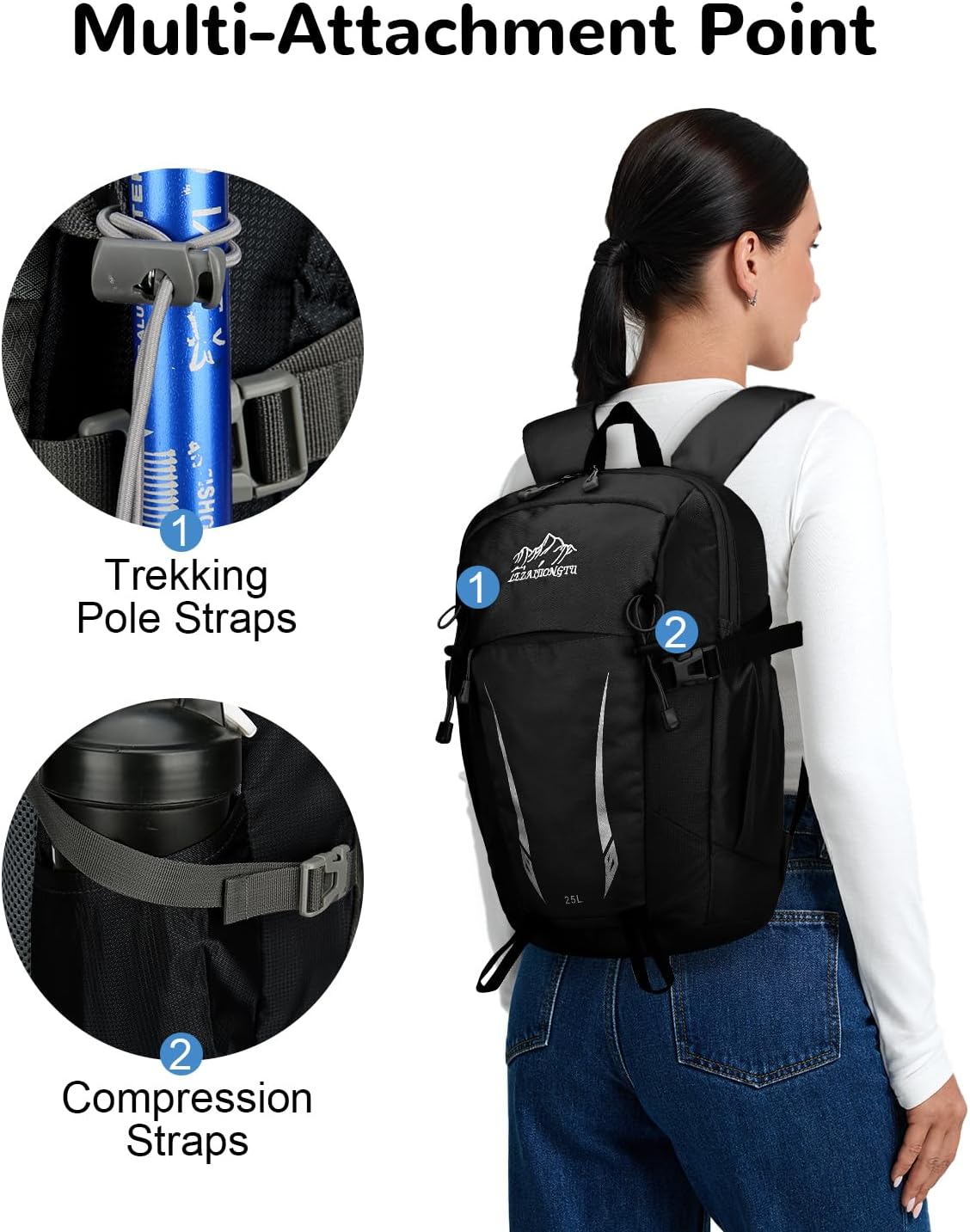 15L Small Padded Hiking Backpack with Chest Strap for Men, Lightweight Waterproof Daypack for Travel, Black