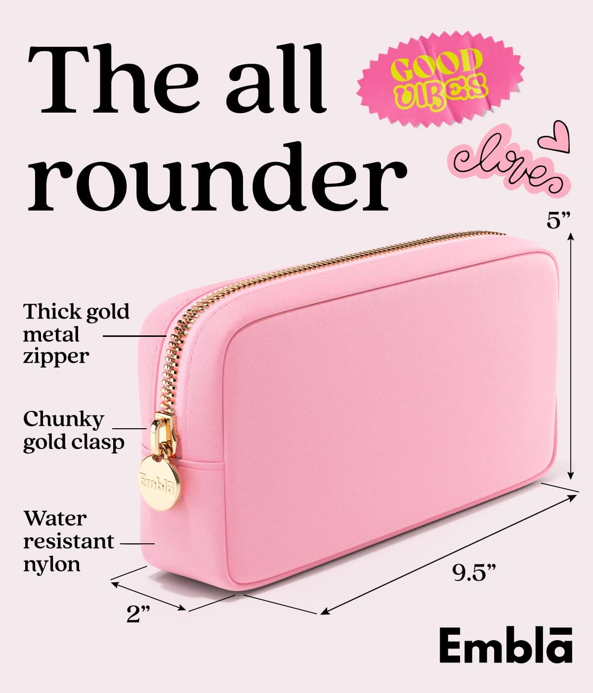 Embla Makeup Bag Travel Cosmetics Pouch and Toiletry Bag, Nylon Zipper Pouch Purse, Cute Make Up Organizer Storage Tote for Women Girls, Travel Skincare Case, Small Makeup Bags, Flamingo Pink