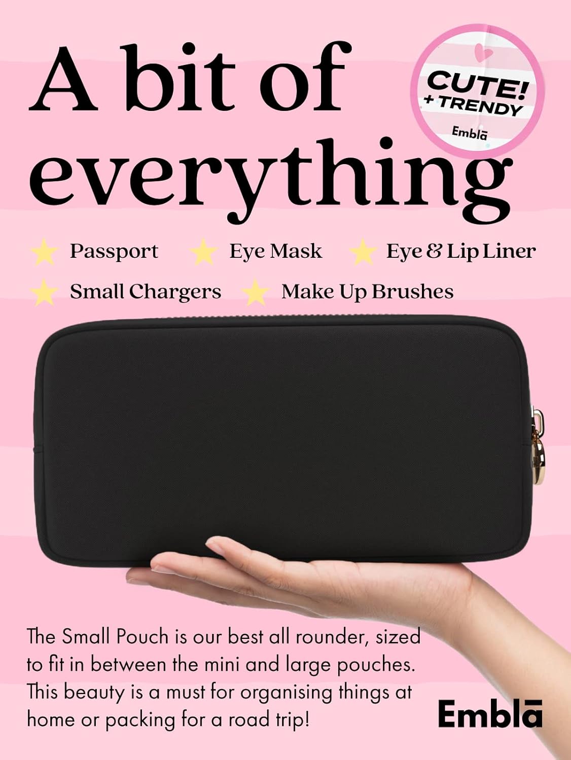 Embla Makeup Bag Travel Cosmetics Pouch and Toiletry Bag, Nylon Zipper Pouch Purse, Cute Make Up Organizer Storage Tote for Women Girls, Waterproof Travel Skincare Case, Small Makeup Bags, Black