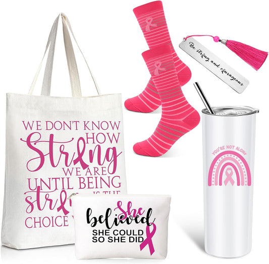 Silkfly 5 Pcs Book Lovers Gifts Set, Gifts for Book Lovers, Includes 20 oz Wine Tumbler Socks Bookmark Tote Bag and Cosmetic Bag (Pink Ribbon)