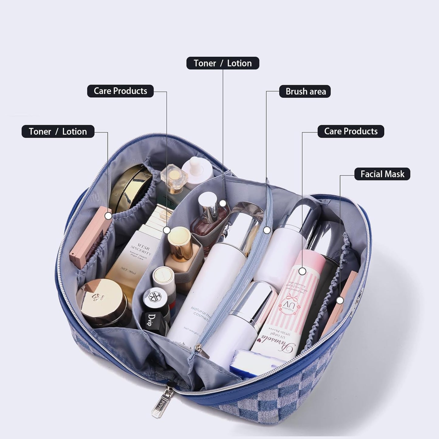 BOYATU Travel Makeup Bag for Women: Large Cosmetic Bag Set of 3 - PU Leather Make up Bag with Compartments - Compact Waterproof Toiletry Bag with Divider & Handle (D-1-Blue)