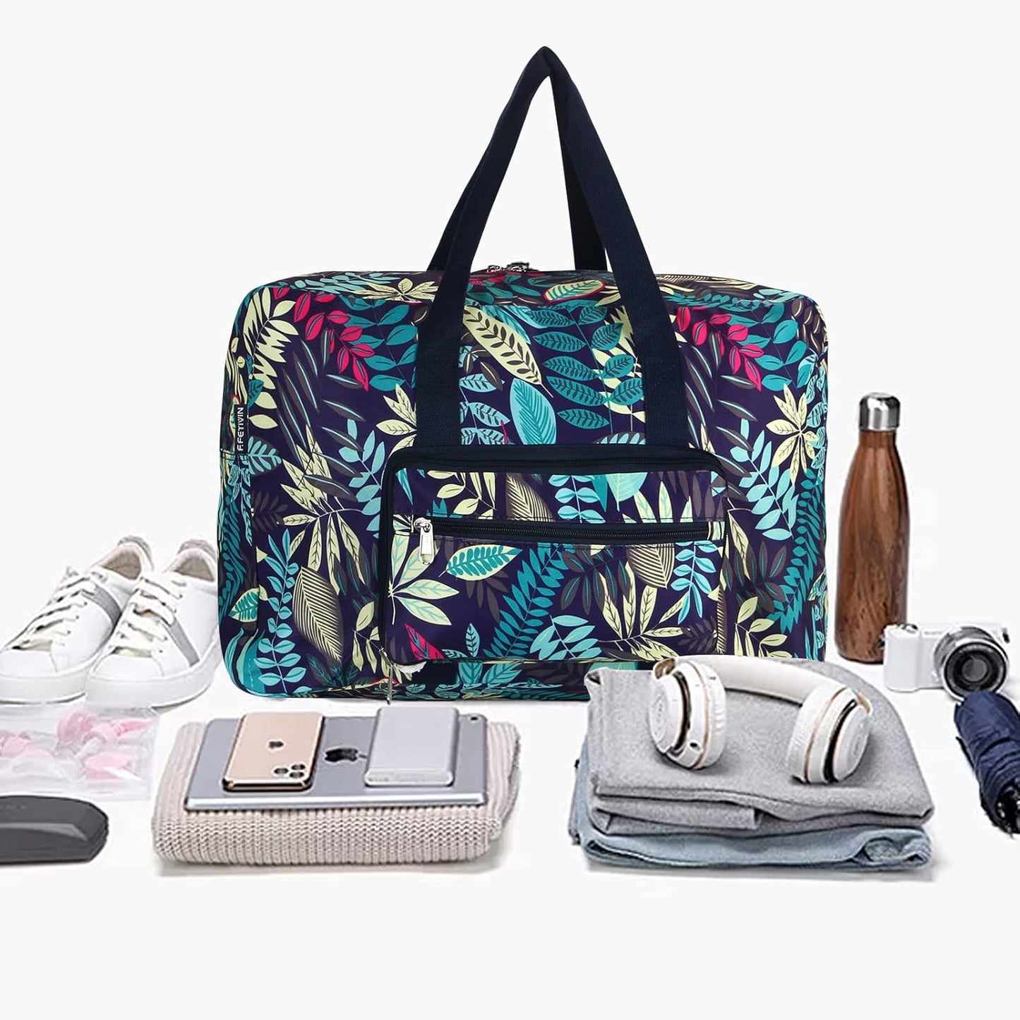 F.FETIVIN Weekender Bag Carry On Travel Duffle Medium Overnight Bag for Women (Blue Leaf)