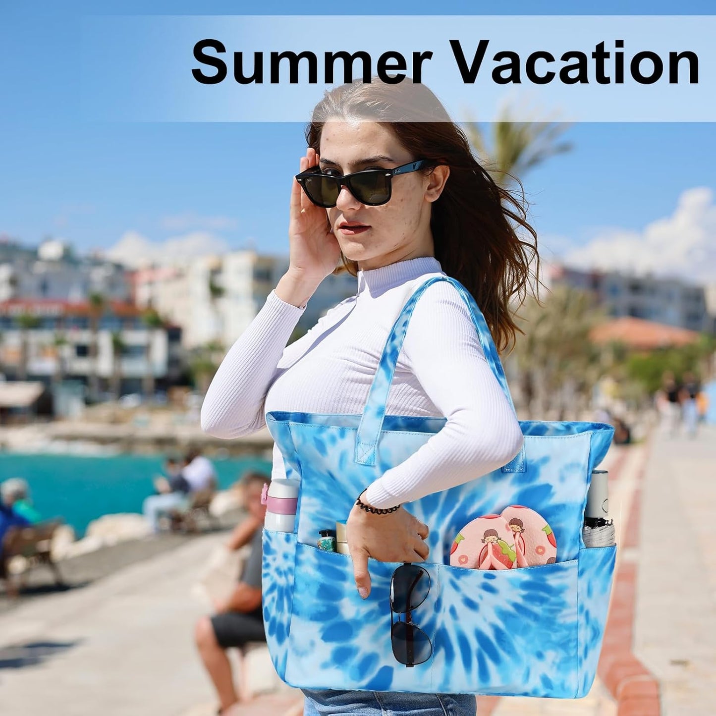 LEDAOU Large Beach Tote Bag Women Waterproof Sandproof Zipper Beach Tote Bag for Pool Gym Grocery Travel with Wet Pocket