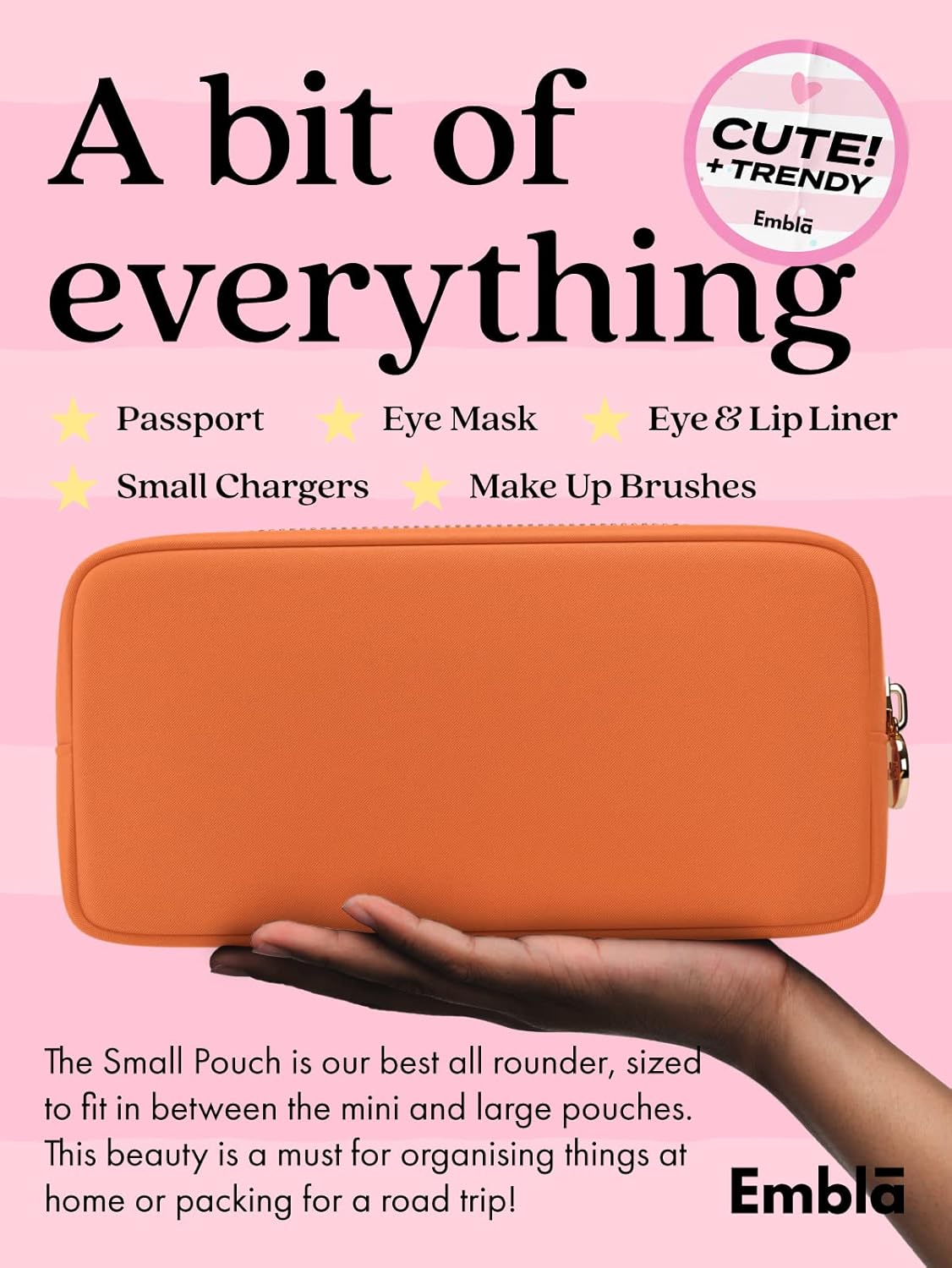 Embla Makeup Bag Travel Cosmetics Pouch and Toiletry Bag, Nylon Zipper Pouch Purse, Cute Make Up Organizer Storage Tote for Women Girls, Waterproof Travel Skincare Case, Small Makeup Bags, Peach