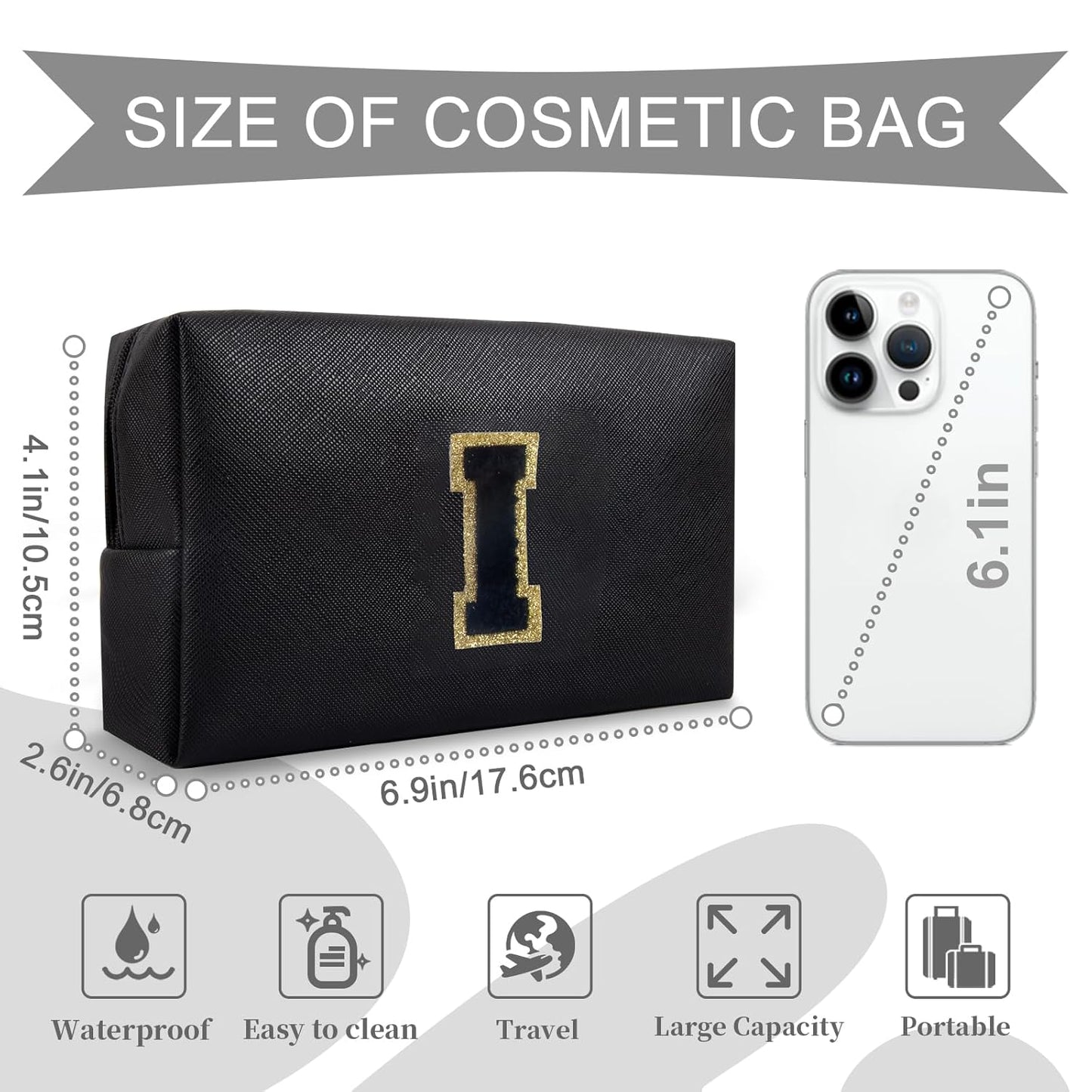 Personalized Initial A-Z Preppy Patch Makeup Bag,Small PU Chenille Letter Cosmetic Bag with Zipper for Teen Girls,Black Cute Toiletry Organizer Bag,Monogram Makeup Case Gift for Women Girls,Letter I