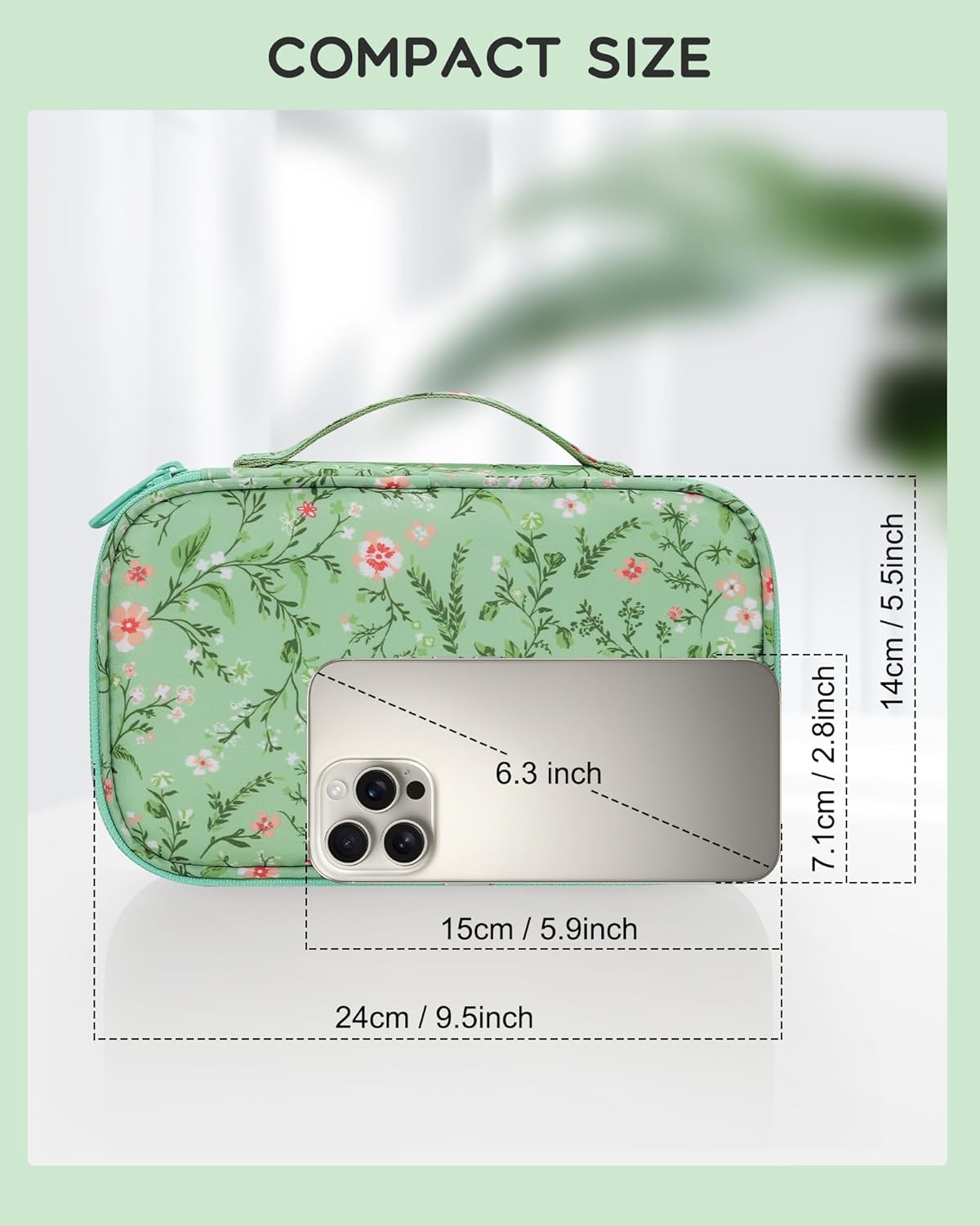 Small Makeup Bag, Travel Floral Cosmetic Bag with Makeup Brush Compartment, Portable Makeup Pouch for Women, Double Layer Makeup Organizer Bag Cute Toiletry Bag, Green Floral