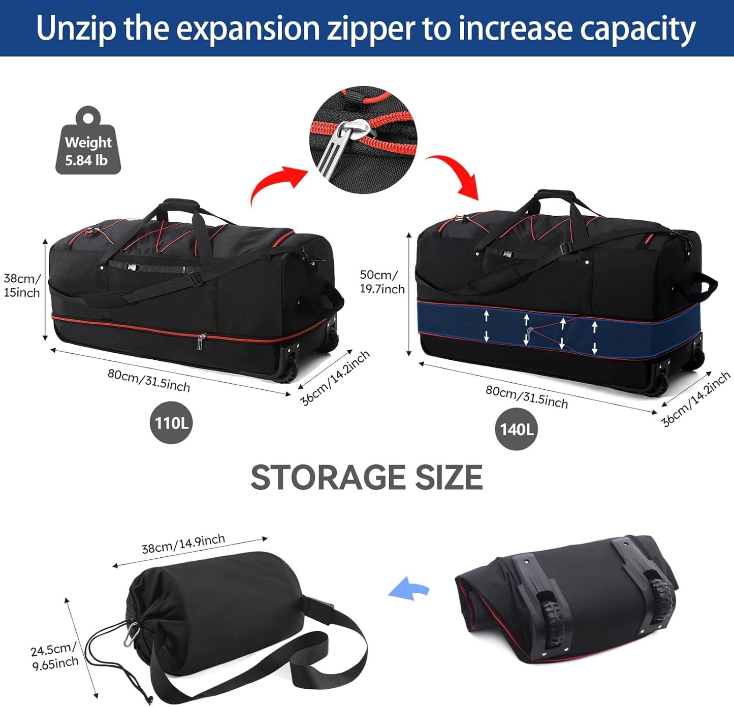 110L Expandable to 140L 32” Foldable Oxford Soft-Sided Rolling Duffle Bag with 2 Heavy-Duty Wheels,3 Large Compartments,Adjustable Shoulder Strap and Attached Organizer Pouch,Black Red