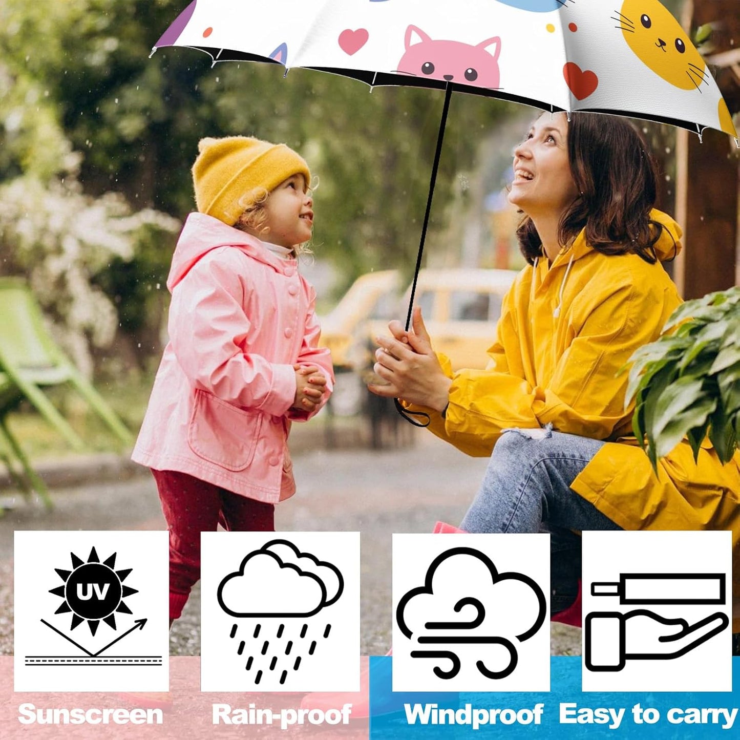 Small Travel Folding Umbrella for Girl, Portable, UV, SunShade, Compact, Automatic, Rain & Wind