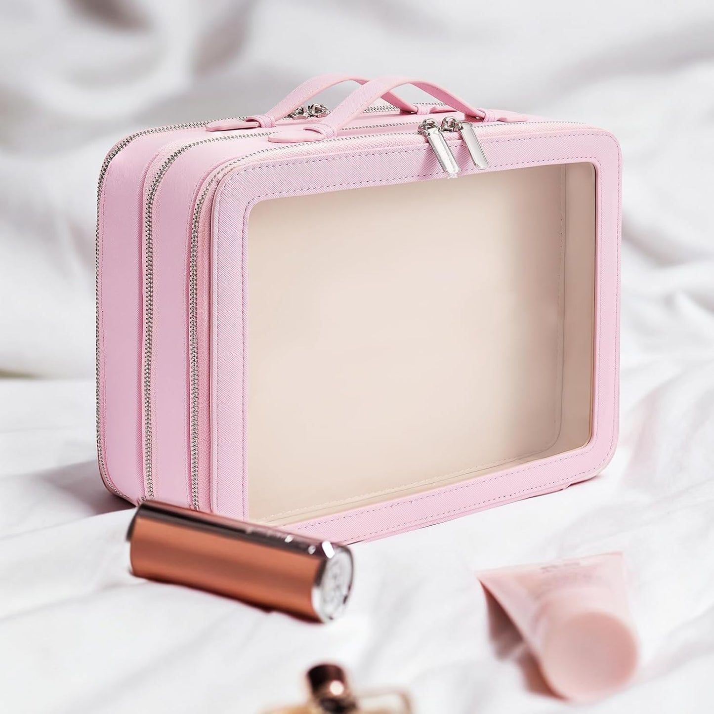 Clear Makeup Bag,Large Toiletry Case for Women,PU Leather Travel Cosmetic Bag,Detachable Makeup Case,Double Compartment Make up Organizer