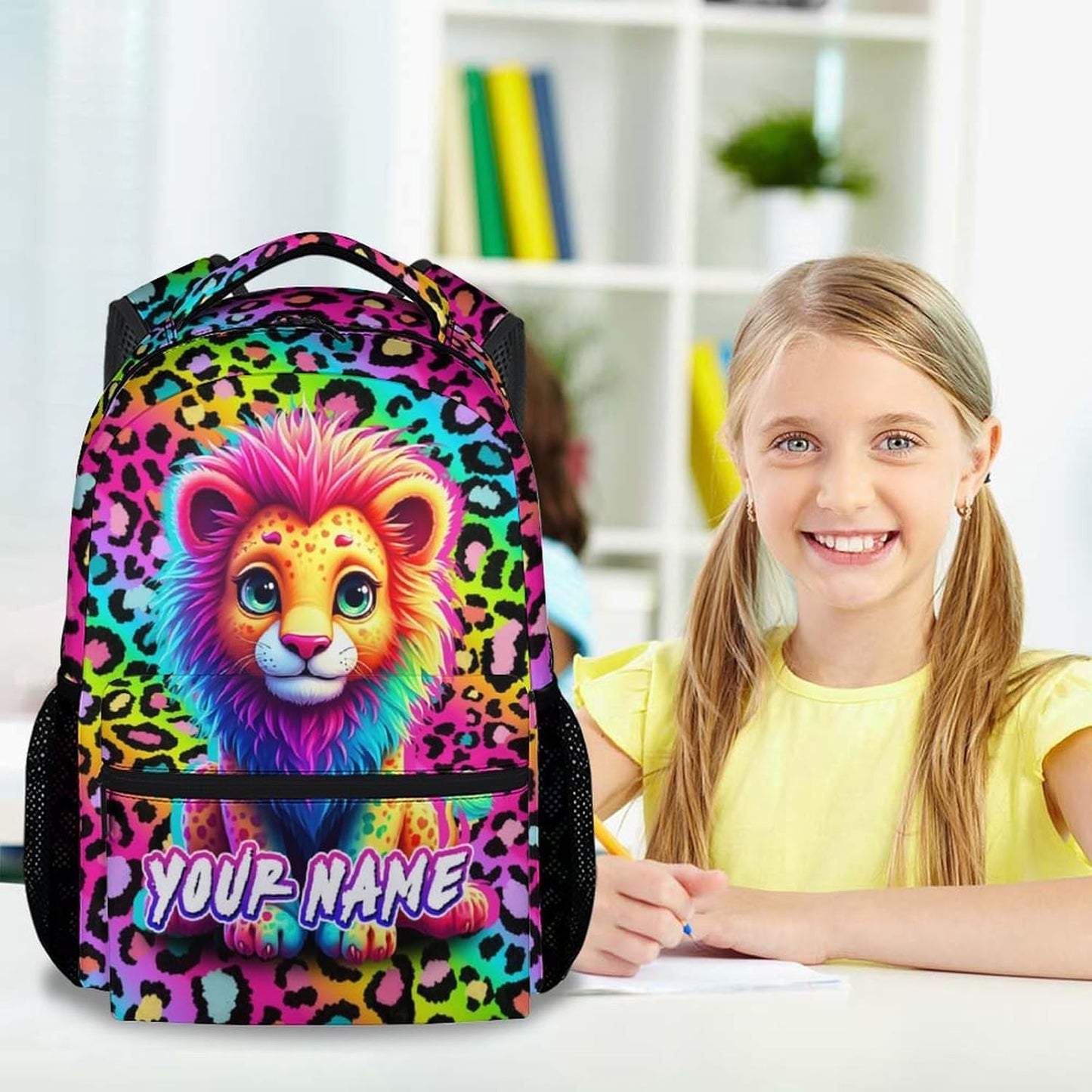 Custom Lion Backpack for Kids - 17 Inch Aesthetic Girls Backpacks for Preschool - Cute Lightweight Durable Animal Print Bookbag for Middle School
