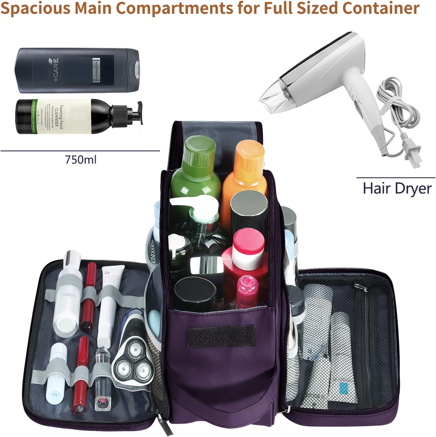 Buruis Extra Large Toiletry Bag for Men & Women, Travel Toiletry Organizer Dopp Kit Water-resistant Shaving Bags, PU Leather Cosmetic Bathroom Shower Bag for Toiletries, Accessories (Purple)