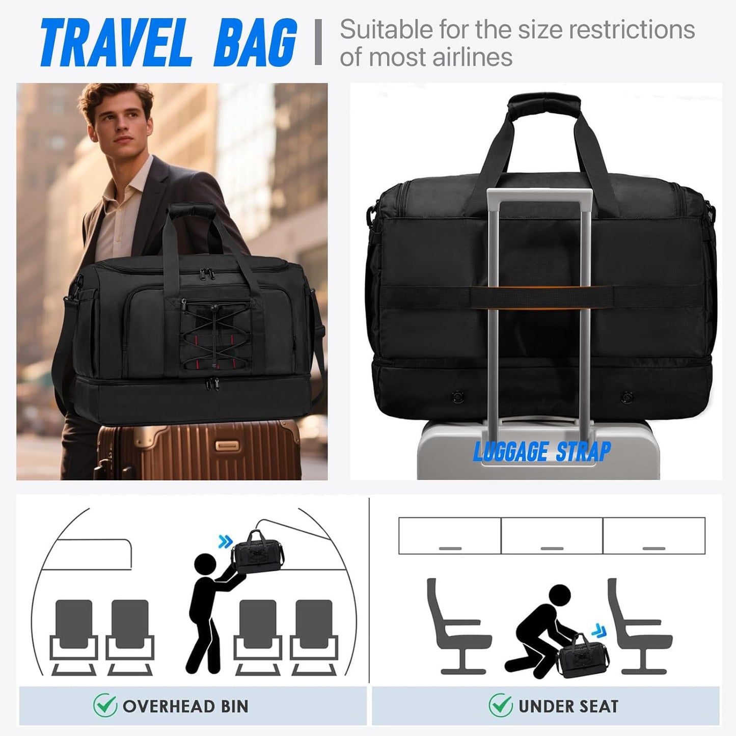 Travel Bag for Men Women, Duffle Bag & Gym Bag with Shoe Compartment, Weekender Overnight Bag with Toiletry Bag and Carry on Bags for Travel, Flight Airplane, Fit Trip, Gym, Yoga, Black