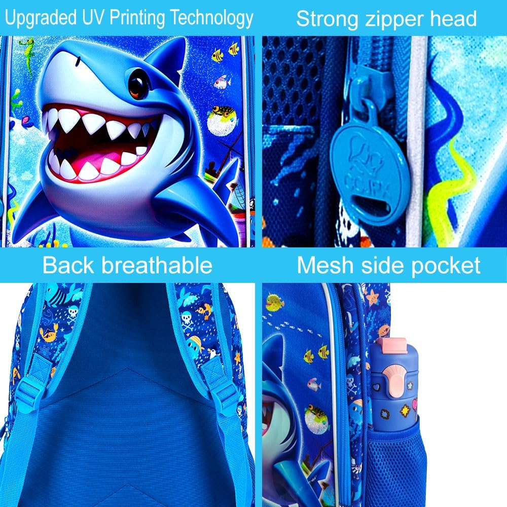 16" Shark Backpack for Boys, 3Pcs Kids Bookbag with Lunch Box, School Backpacks for Elementary Preschool Kindergarten (Blue)