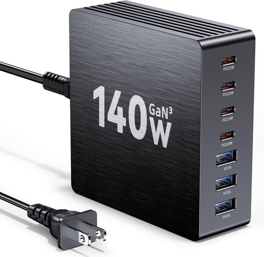 140W USB C Charging Station, GaN III 7 Port Fast Charger Station, PD 3.0 USB Charging Station for Multiple Devices, USB Charging Hub, Multiple USB C Charger Station for iPad iPhone Samsung Android
