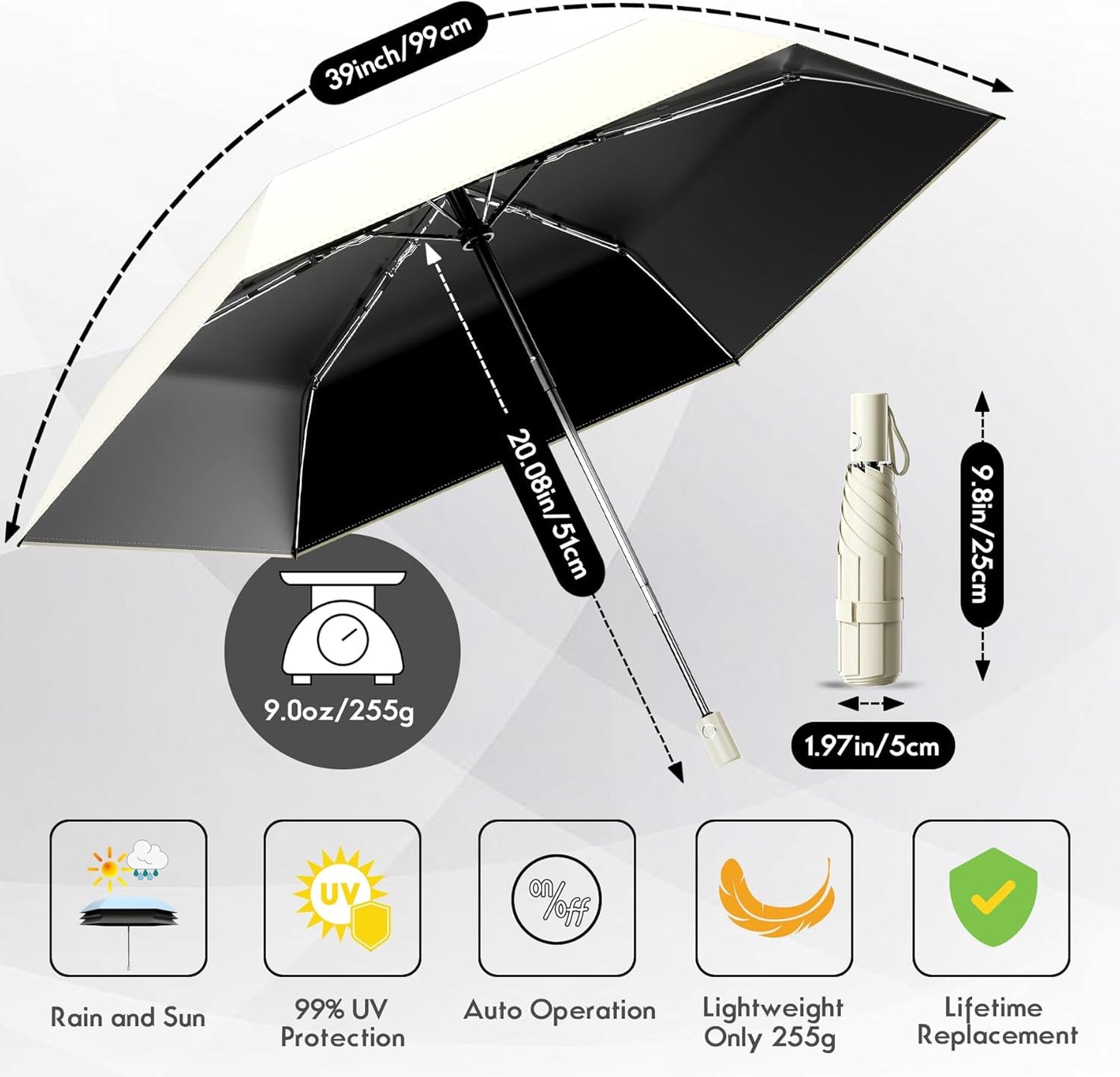 Automatic Mini Travel Windproof Folding Umbrella - UV Protection, Instant Open/Close for Rain/Sun, Small Compact Lightweight Design Fits in Tote Bag/Travel Case/Backpack for Commute, Women & Men