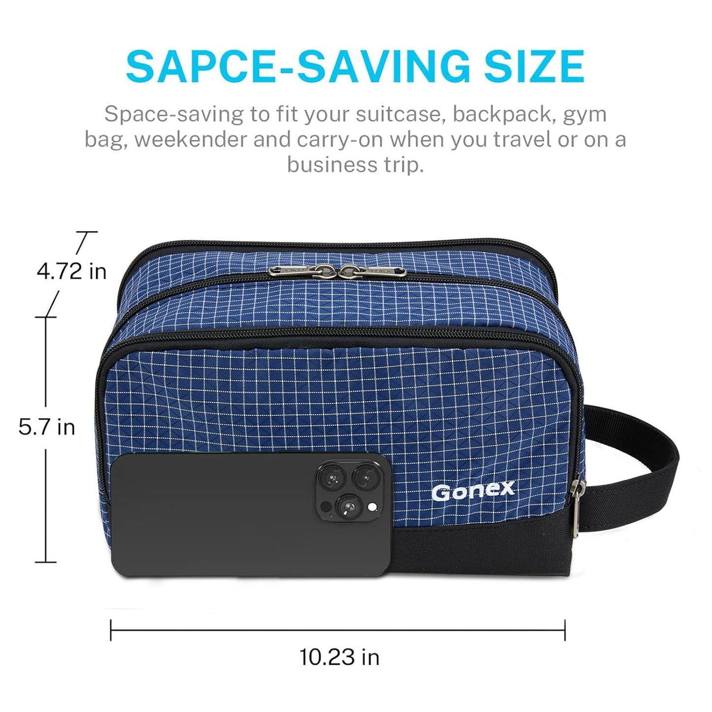 Gonex Travel Toiletry Bag Nylon, Shaving Bag Toiletry Organizer Check Patten (Navy Blue)