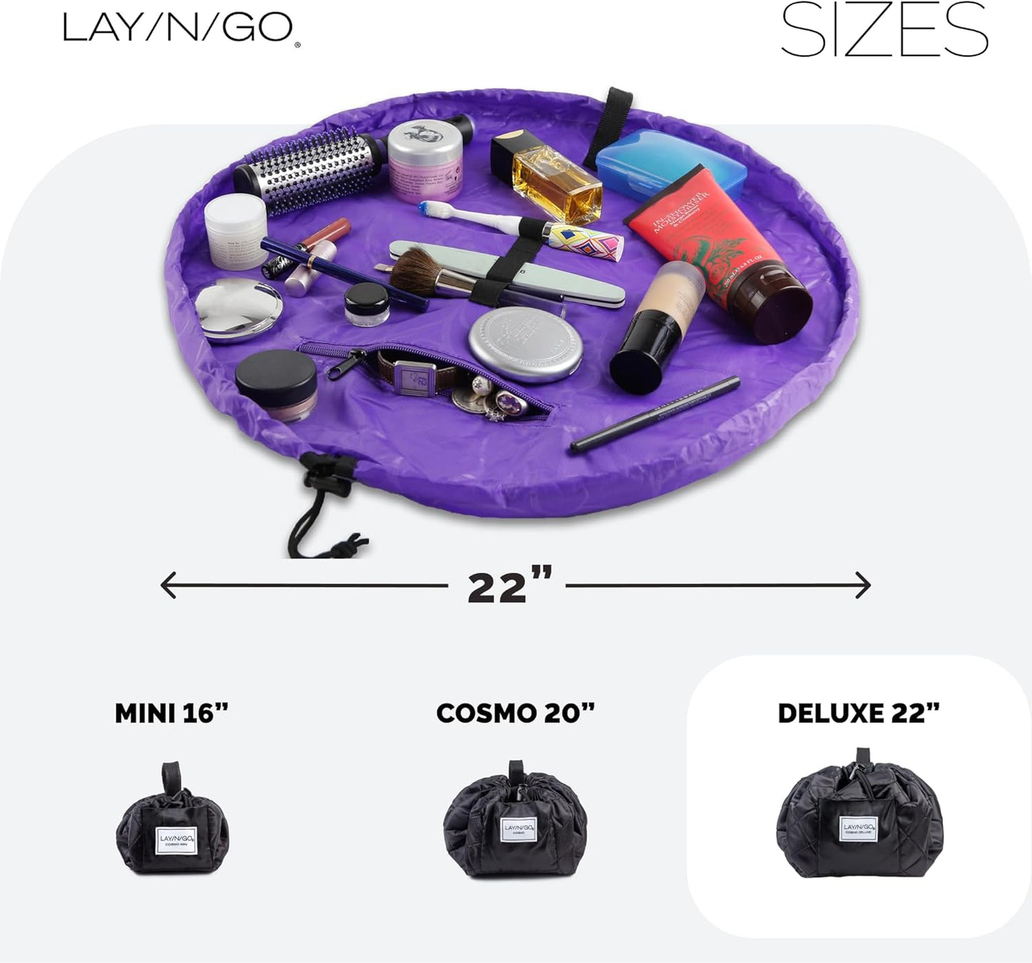 Lay-n-Go Cosmo Layflat Drawstring Cosmetic & Makeup Bag Organizer w/Zipper Pocket, Brush Loops & More, Cinch to Close, Lay Flat to Use, Durable, Machine Wash, Travel Toiletry Bag (22", Purple)