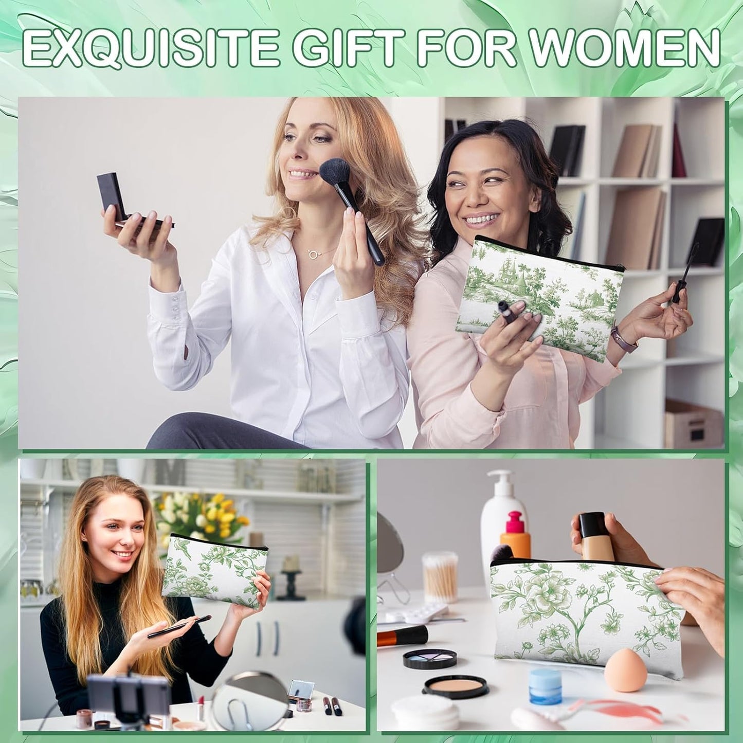 16 Pcs Floral Cosmetic Bags Bulk for Women Sage Green and White Floral Makeup Bags Chinoiserie Canvas Travel Zipper Pouches Aesthetic Toiletry Bag for Girls Bridesmaids Wedding Supplies