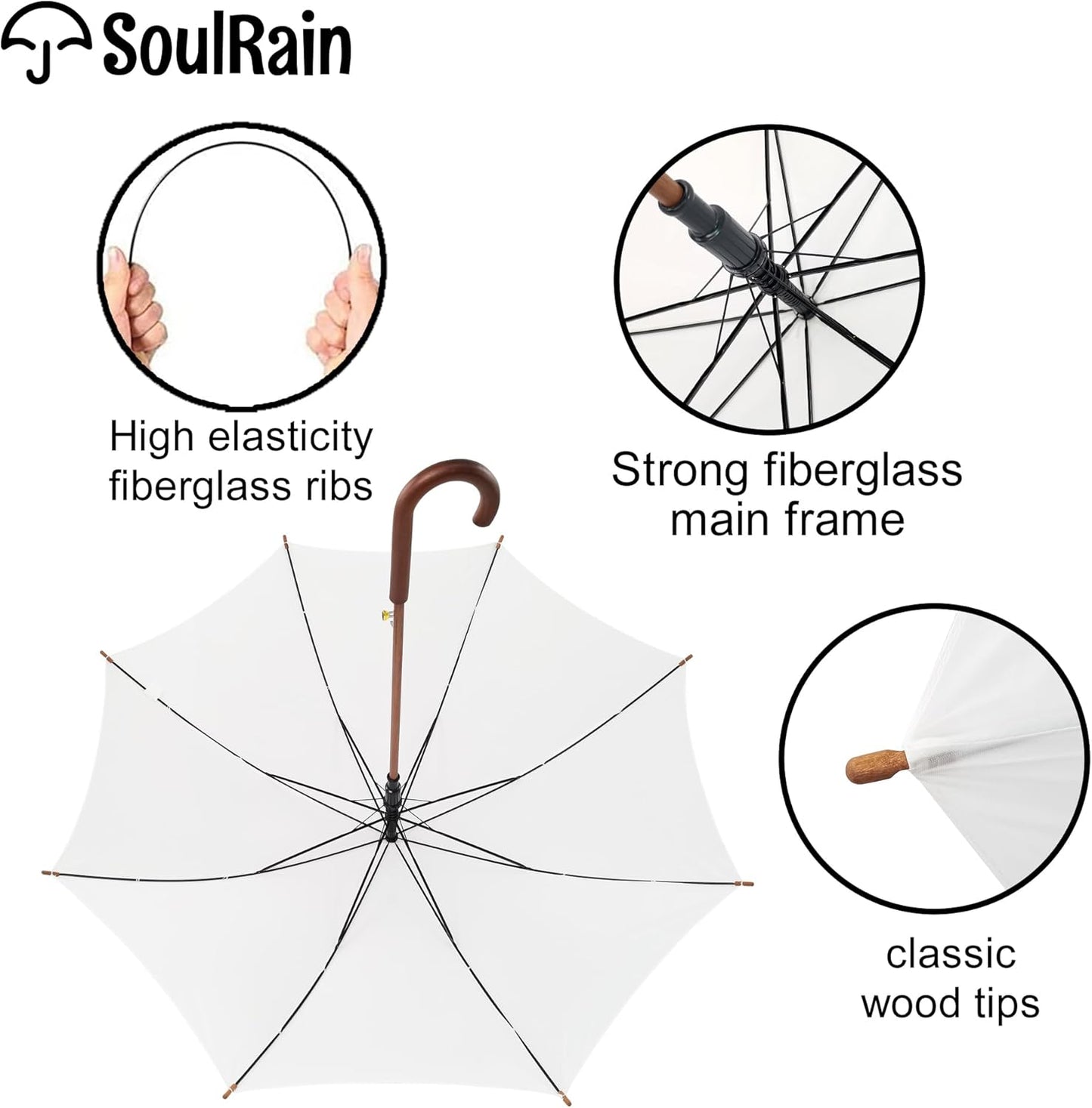 SoulRain 48" White Stick Umbrella – Large Windproof Wedding Umbrella for Rain, Automatic Open, Vintage Cane Umbrella with Wooden Handle & Shaft, Elegant Parasol for Women & Men(White)