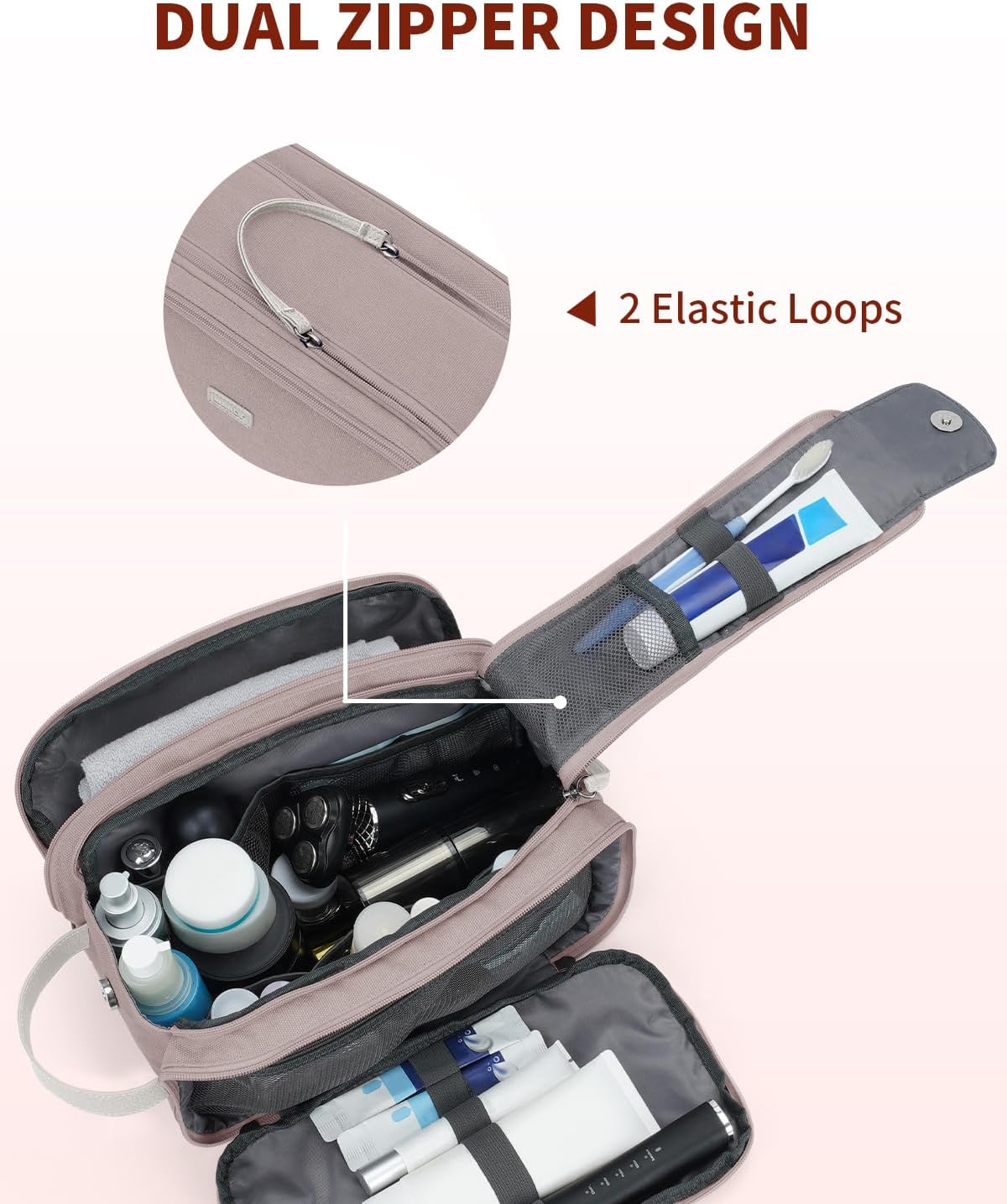 WANDF Toiletry Bag for Men Travel Toiletry Organizer Canvas and Leather Dopp Kit Water-Resistant Shaving Bag for Travel Accessories (Light Pink, Large)