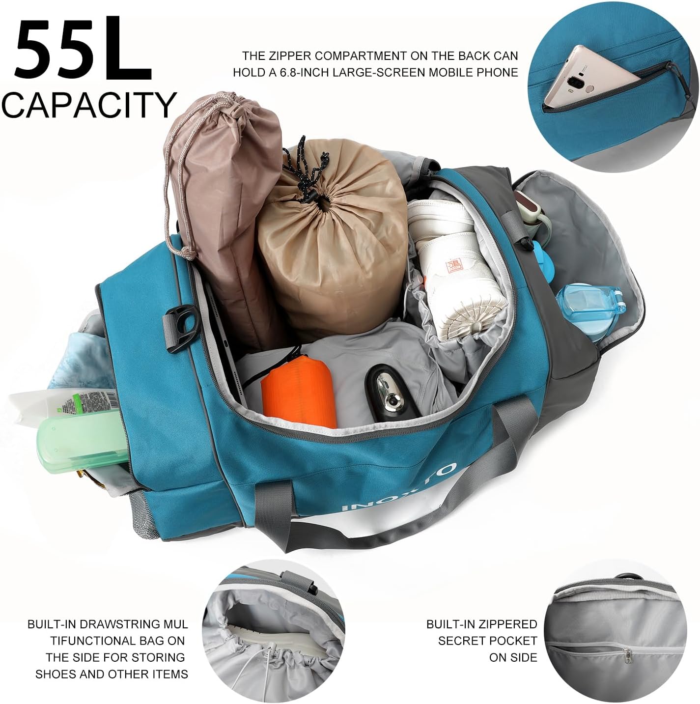 Sports Gym Bag，INOXTO Travel Duffel Bag with Dry Wet Pocket And Shoe CompartmentFor Women and Men，40L/55L Fitness Waterproof Weekender Bag For Swim Sports Travel Working Out (Blue White, 55L)
