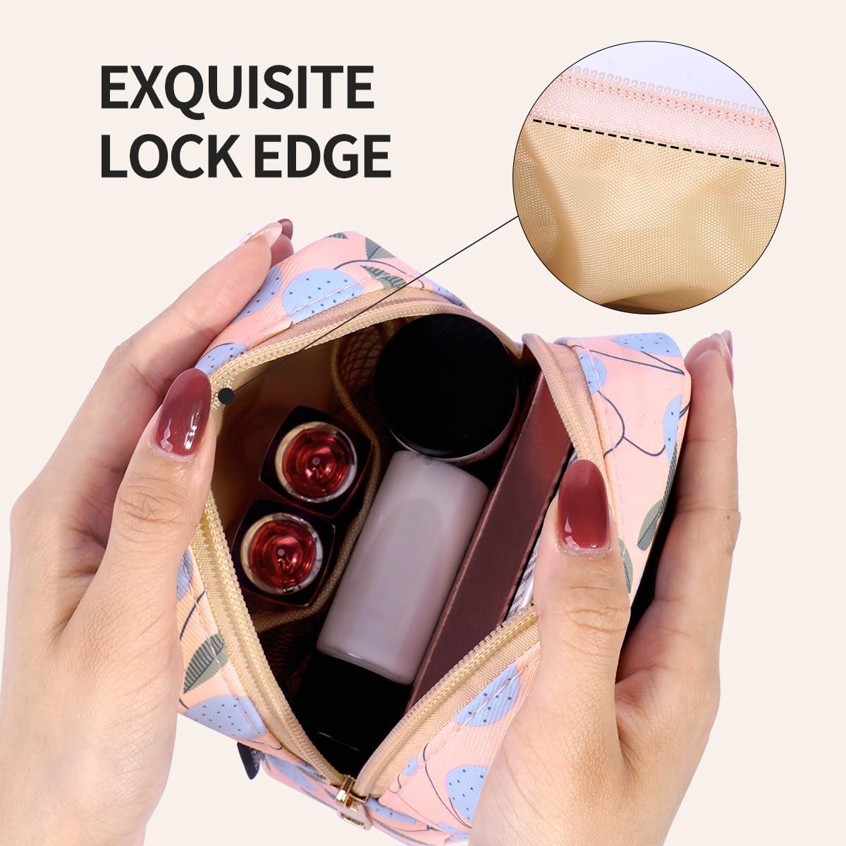 MAANGE Small Makeup Bag for Purse, Portable Cosmetic Bag, Mini Makeup Bag with Slip-in Pockets, Cute Make Up Bag, Pouches for Purse Women (Pink Plants)