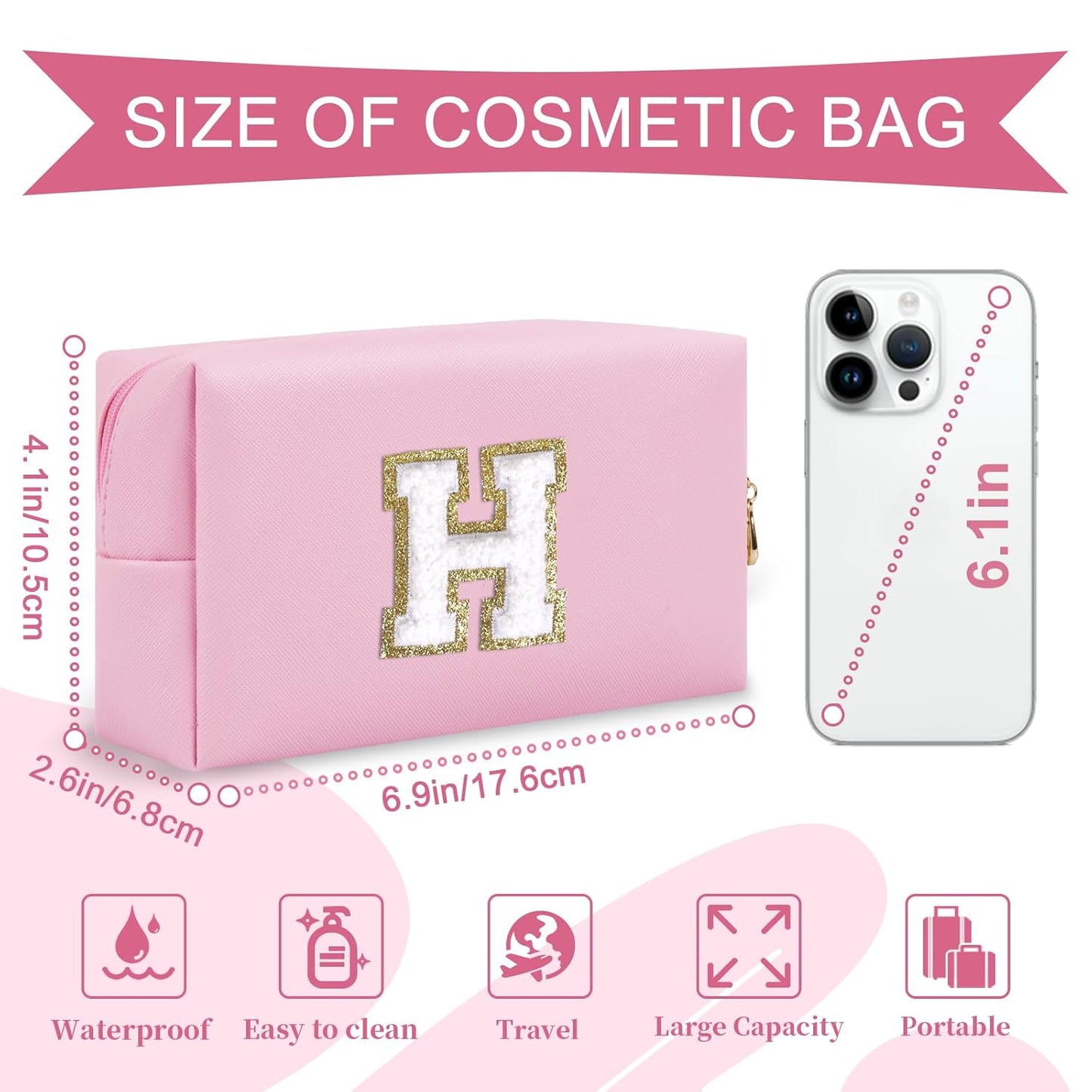 Personalized Initial A-Z Preppy Patch Makeup Bag,Small PU Chenille Letter Cosmetic Bag with Zipper for Teen Girls,Pink Cute Toiletry Organizer Bag,Monogram Makeup Case Gift for Women Girls,Letter H