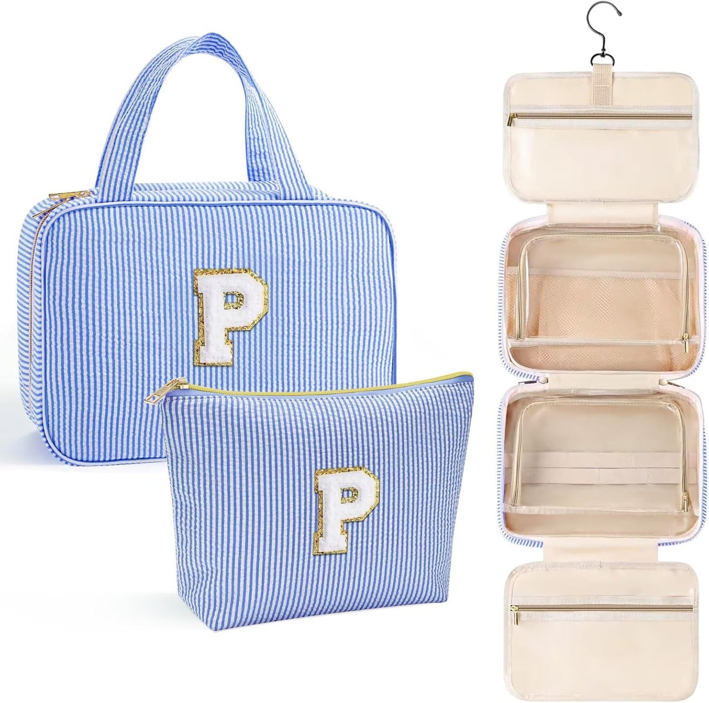 YOOLIFE Hanging Toiletry Bag for Women - Travel Toiletry Bag Makeup Bag, Portable Toiletries Cosmetic Bag, Airplane Travel Essentials - Letter P, Blue