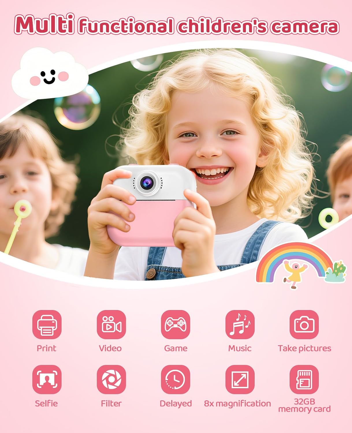 Instant Print Front Rear Dual Selfie Kids Camera for Kids Christmas Birthday Gifts for Girls Age 3-12 Portable Toys for 3 4 5 6 7 8 9 10 Year Old Girl with 32GB SD Card Digital Camera