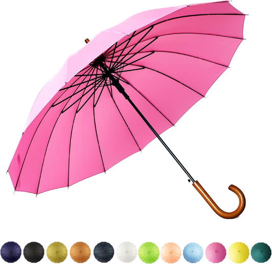 SoulRain 16 Ribs 48" Stick Umbrella Auto Open Solid Color Fashionable and Simple，Arc Classic Wood Handle，Windproof Unbreakable Stick Rain Umbrella