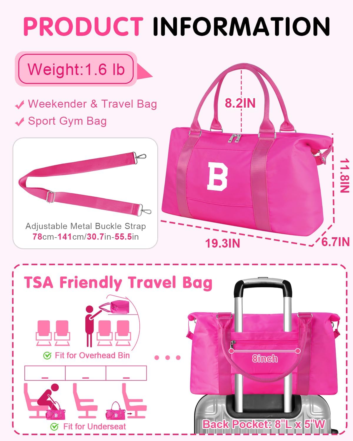 Overnight Bag for Kids Teen Girls Weekender Dance Bag Birthday Graduation Gifts,Initial Travel Duffel Bag Sports Gym Bag Personalized Weekender Bag Carry On Bags Preppy Gifts for Women(Hot Pink, B)