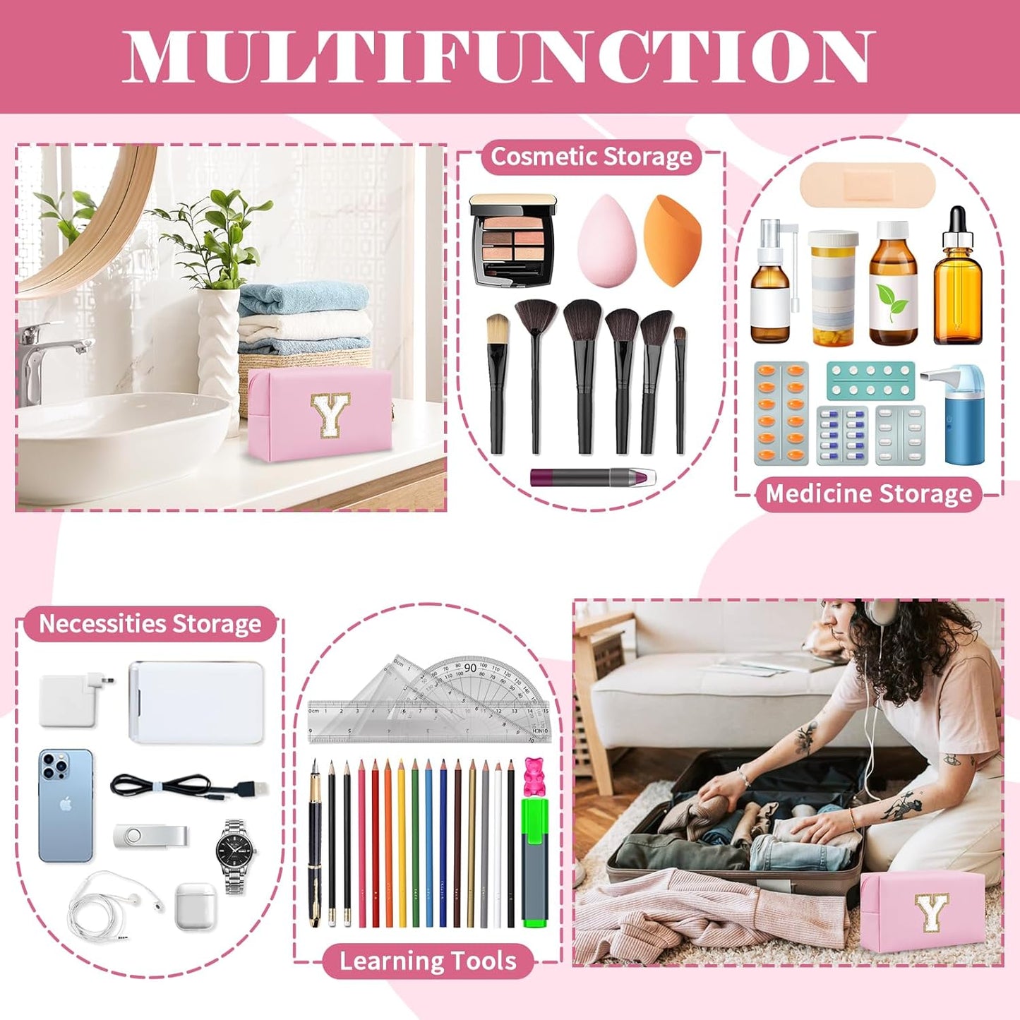 Personalized Initial A-Z Preppy Patch Makeup Bag,Small PU Chenille Letter Cosmetic Bag with Zipper for Teen Girls,Pink Cute Toiletry Organizer Bag,Monogram Makeup Case Gift for Women Girls,Letter Y