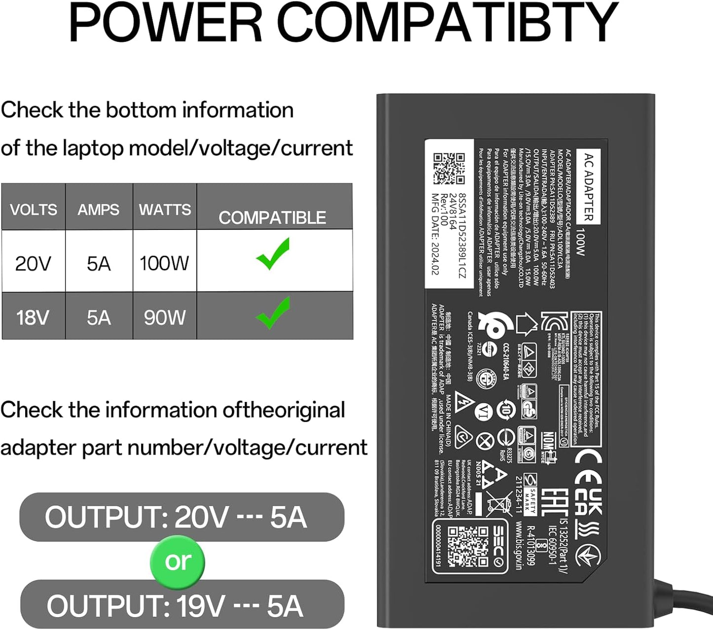 100W 20V 5A Type C Charger Fit For Lenovo ThinkPad X1 Tablet T14 T16 16s P14s L14 L15 IdeaPad Slim 5 7 IdeaPad Yoga Yoga Pro 7 9 Series Compatible with HP Dell Samsung Galaxy Z series USB C AC Adapter