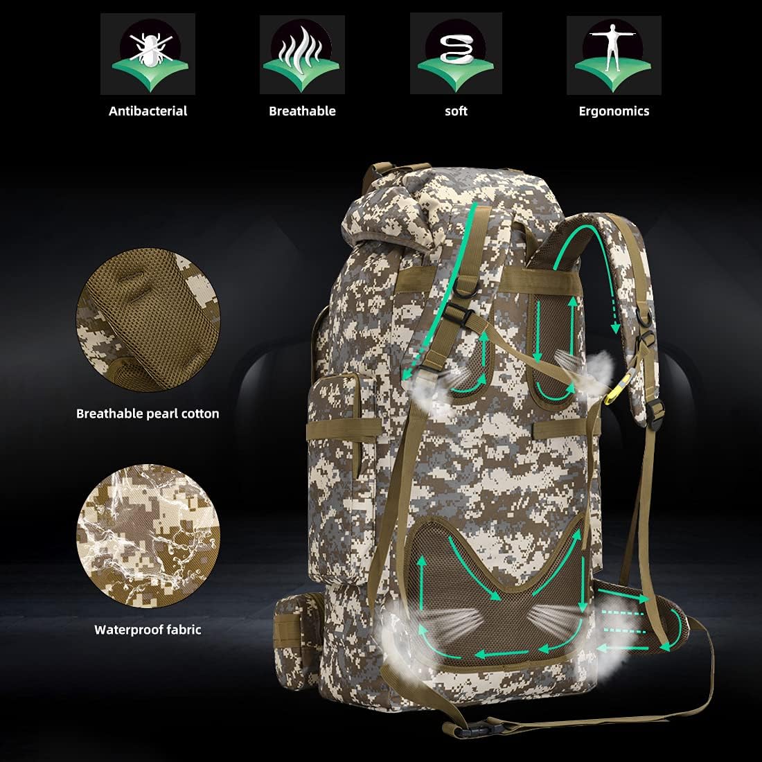 100L Camping Hiking Backpack,Molle military Tactical rucksack backpack,Waterproof Lightweight Hiking Backpack (Khaki-C)