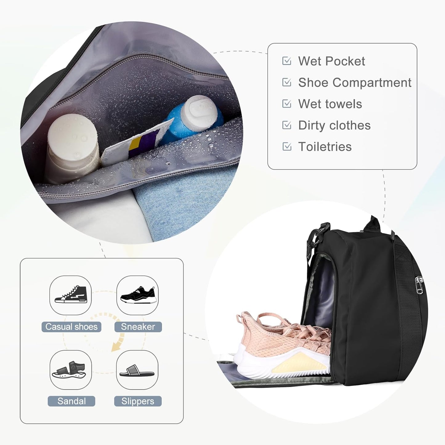 Gym Bag for Women with Shoes Compartment Small Duffel Bag Sport bag with Toiletry Bag Overnight Travel Tote Bags Weekender Carry on Personal Item Bags for Airlines Black