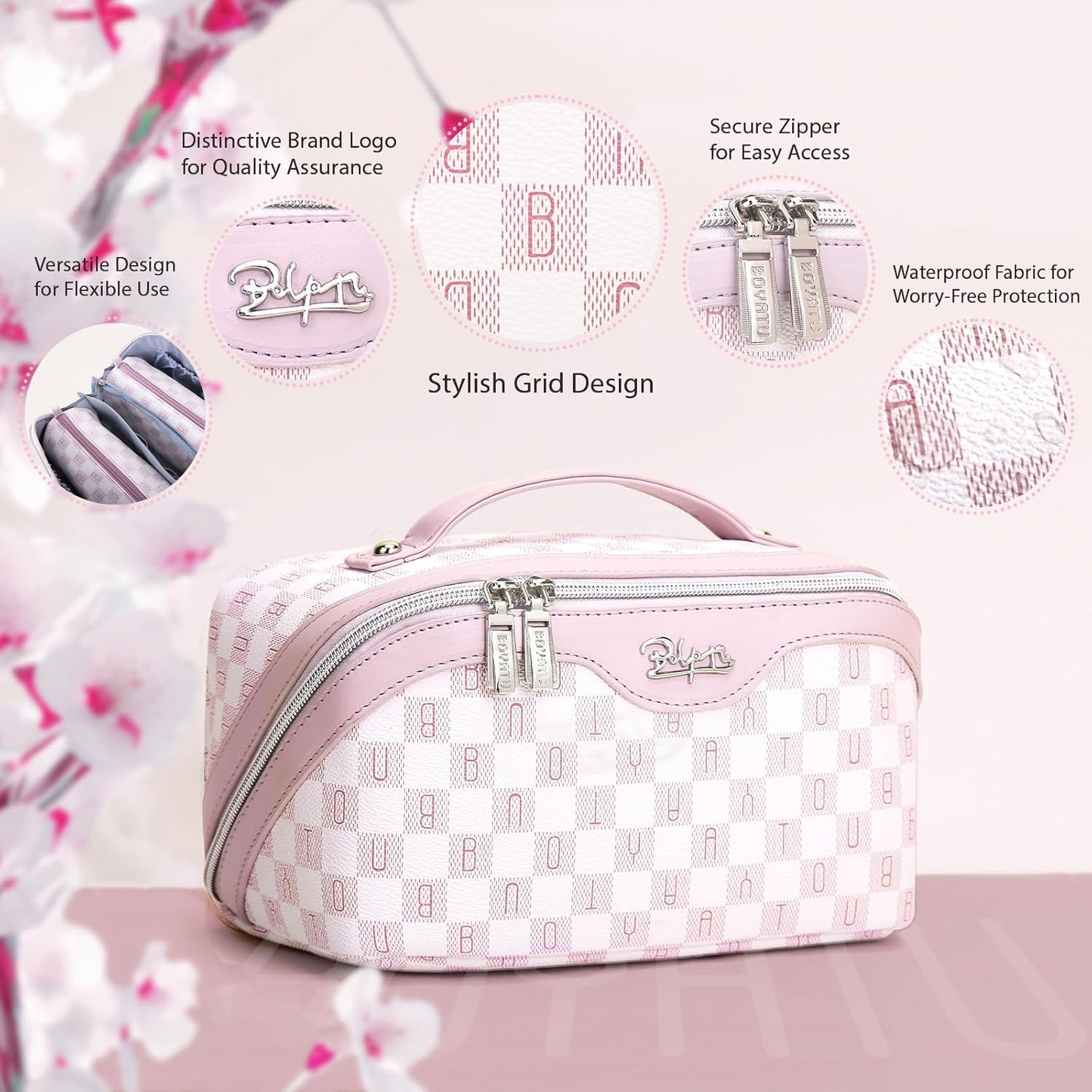 BOYATU Travel Makeup Bag Cosmetic Bags for Women: 3 Pcs Set Portable Make up Bag with Handle - Vegan Leather Toiletry Bags with Compartments - Makeup Organizer for Travel Essentials(C-5-Purple)