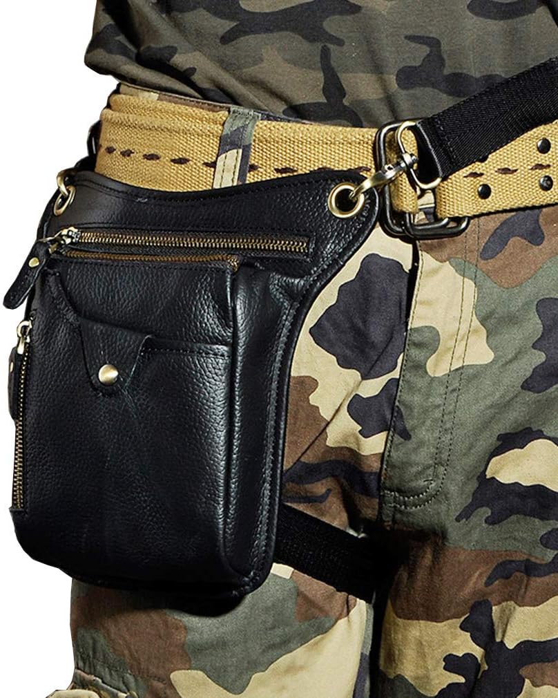 Leather Waist Pack Drop Leg Bag for Men Women Belt Bumbag Multi-Purpose Motorcycle Bike Outdoor Sports Tactical Cycling Riding Hiking Camping Pouch