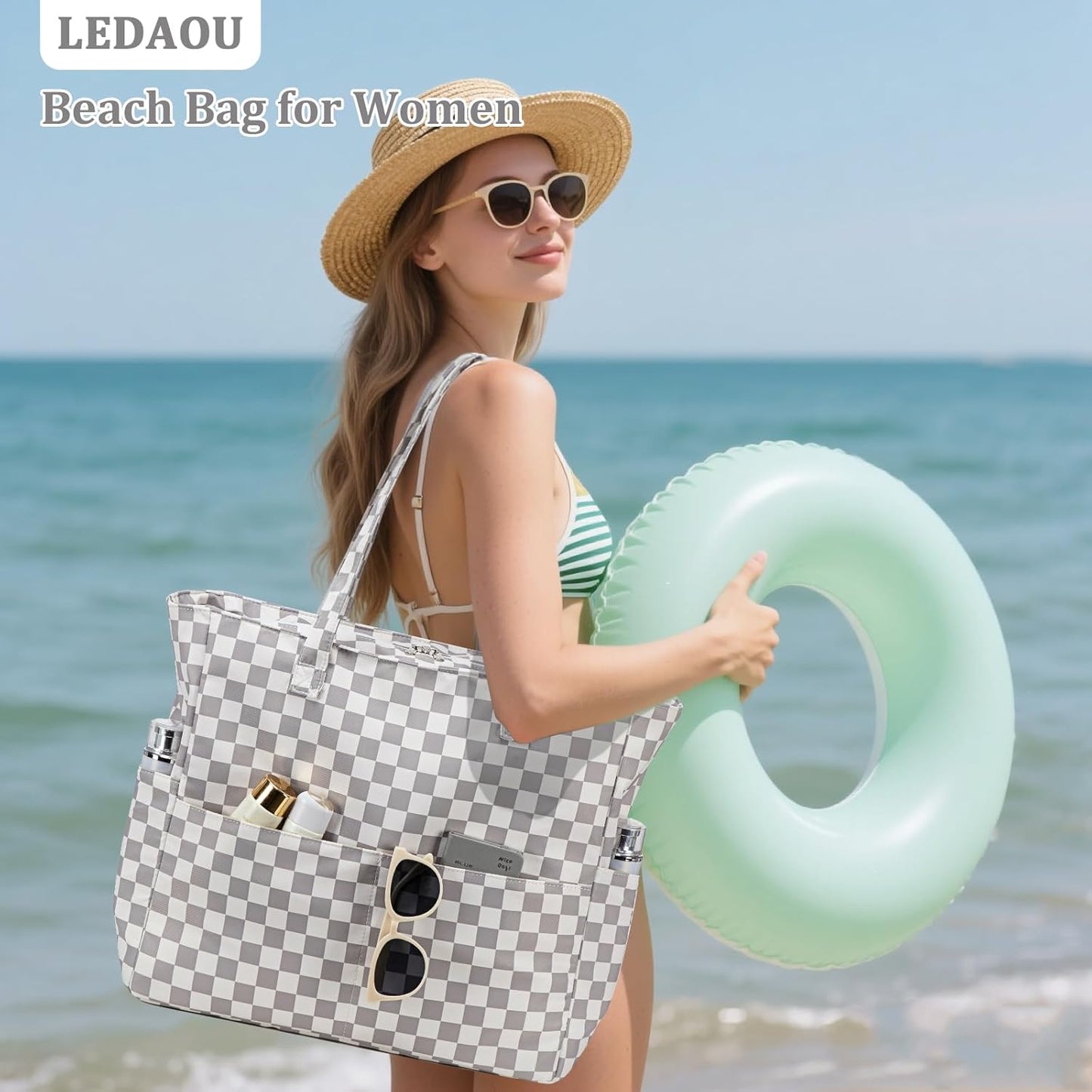 LEDAOU Large Beach Tote Bag Women Waterproof Sandproof Zipper Beach Tote Bag for Pool Gym Grocery Travel with Wet Pocket