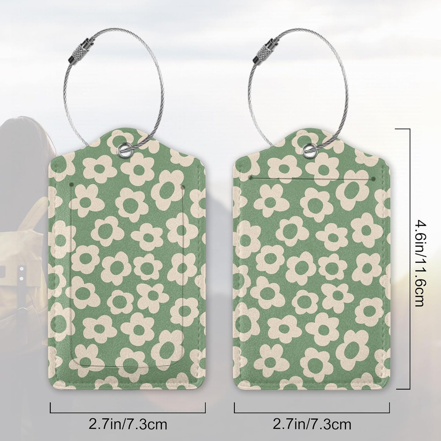 Leather Luggage Tags for Adults Teens,2 Pack Vintage Groovy Flowers Travel Bag Suitcase Labels with Stainless Steel Loop ID Tags Card Baggage Bag Label