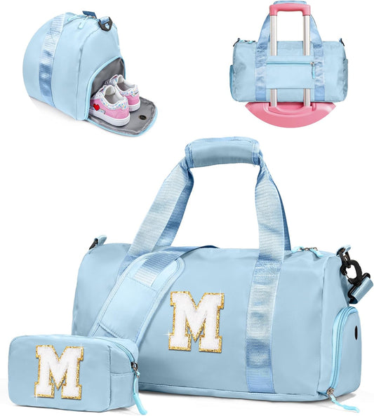 Gifts for 3 4 5 6 7 8 9 10 Year Old Girls-Girl Gym Bag with Shoe Compartment, Kid Personalized Weekender Overnight Bags, Initial Travel Tote with Makeup Pouch, Gift Ideas for Kids (Letter M)