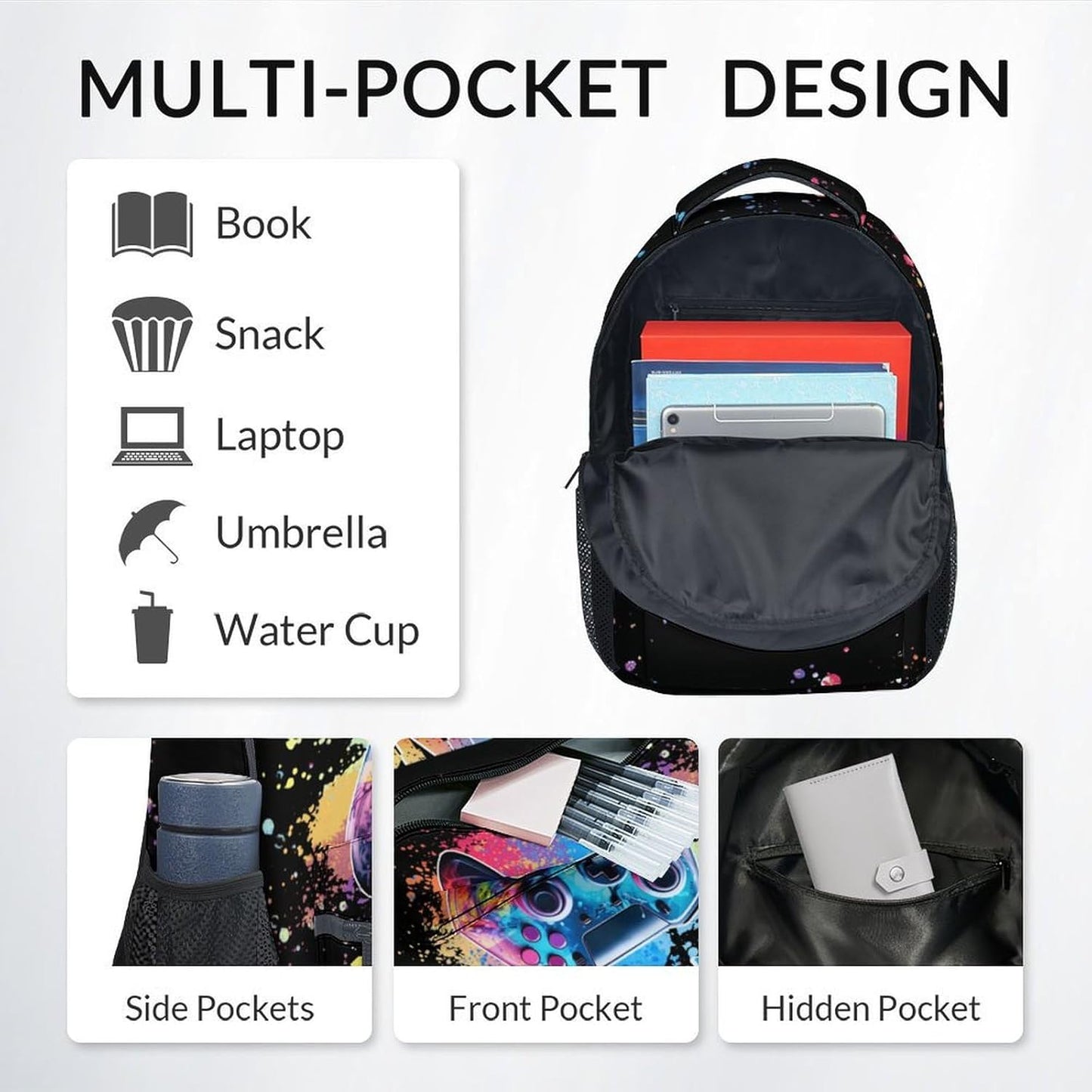 COZYAURA Kids Backpack with Lunch Box - Graffiti Video Gamer Backpack for School - Lightweight Black Gaming Backpacks for Boys