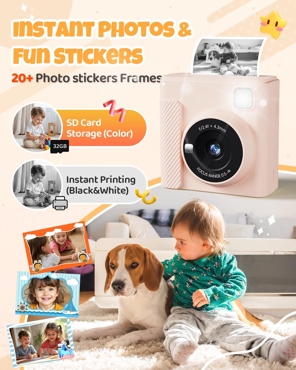 Kids Instant Print Camera, Christmas Birthday Gifts for Girls and Boys, 1080P HD Video Digital Kids Camera with Print Paper & 32G Card, Toddler Toy for 3-14 Years Old (Brown)