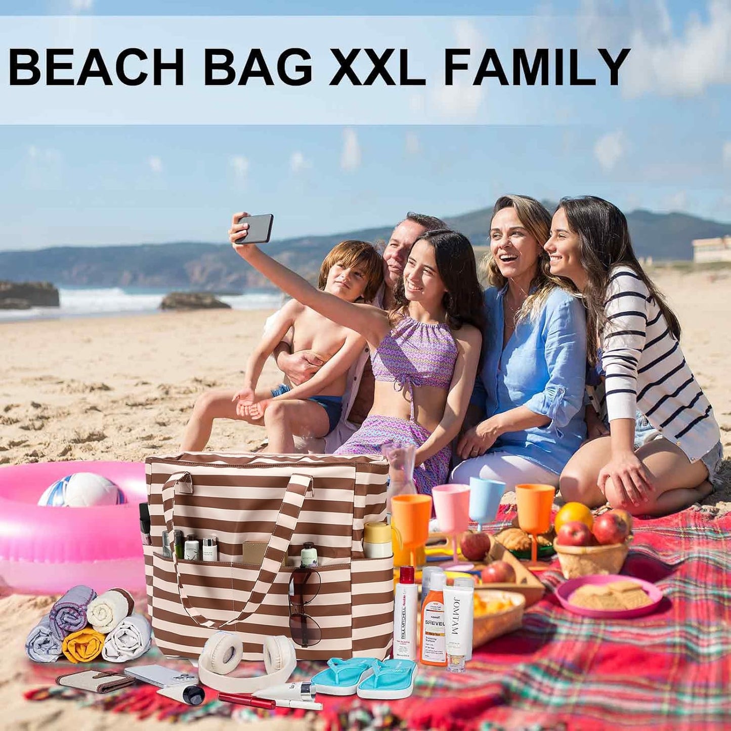 LEDAOU Beach Bag Waterproof Sandproof Women Tote Bag Pool Bag with Zipper for Gym Grocery Travel with Wet Pocket