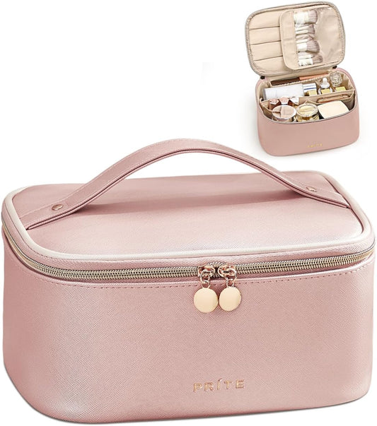 Prite Makeup Bag Portable Cosmetic Organizer with Brush Holder Waterproof Travel Toiletry Bag for Women with Handle and Divider (Pearl Pink)