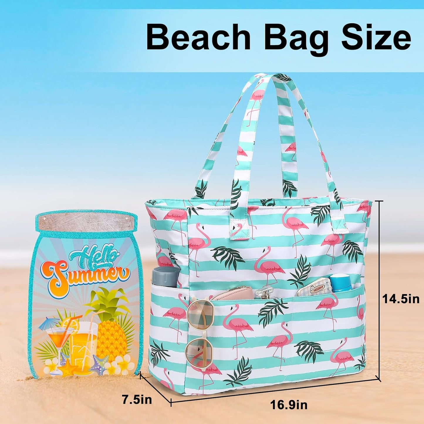 LEDAOU Beach Bag Waterproof Sandproof Women Tote Bag Pool Bag with Zipper for Gym Grocery Travel with Wet Pocket