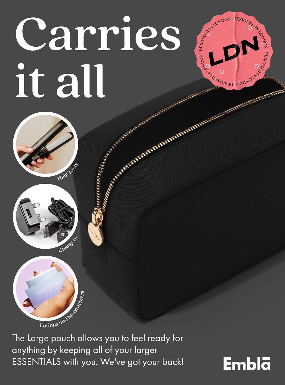 Embla Makeup Bag Travel Cosmetics Pouch and Toiletry Bag, Nylon Zipper Pouch Purse, Cute Make Up Organizer Storage Tote for Women Girls, Waterproof Travel Skincare Case, Large Makeup Bags, Black