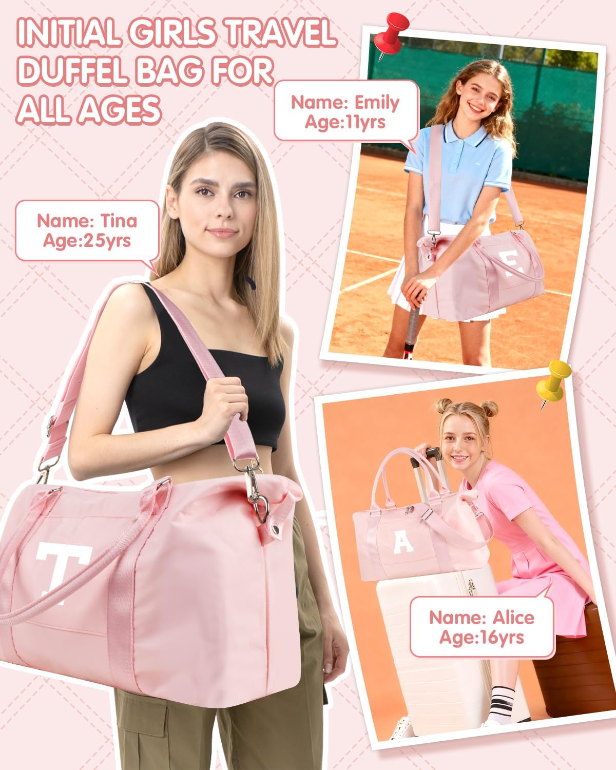 Initial Travel Duffel Bag Sports Gym Bag for Girls Teen Birthday Gifts,Pink Personalized Weekender Bag Carry On Tote Bags for Women Men,Waterproof Overnight Luggage Bag with Trolley Sleeve(Letter P)