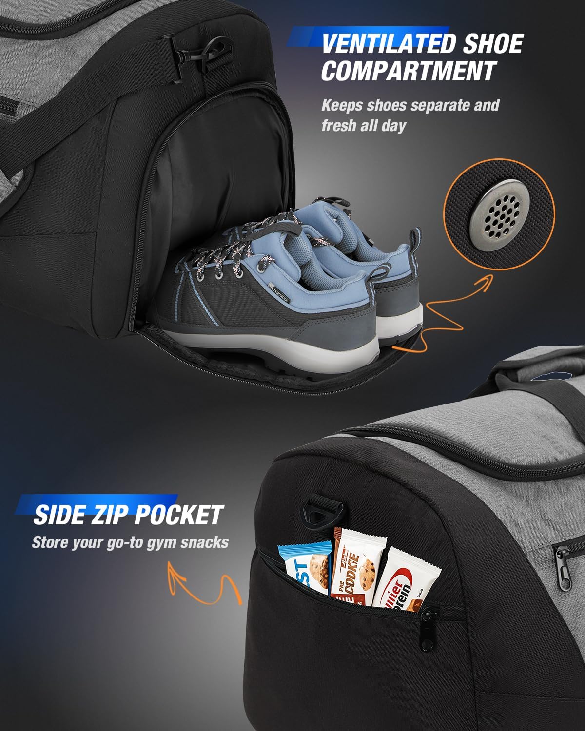 Gonex Gym Duffel Bag with Shoe Compartment Wet Pocket, Large Capacity Sports Duffle Bag for Men Women, Workout & Travel Bag with Multiple Pockets, Black/Gray, Medium (60L)